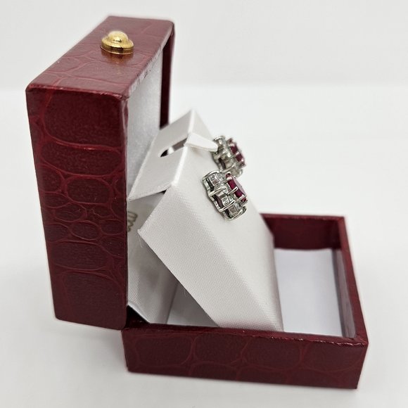 Simulated Ruby Red/White Oval Stud Earrings - Picture 3 of 12